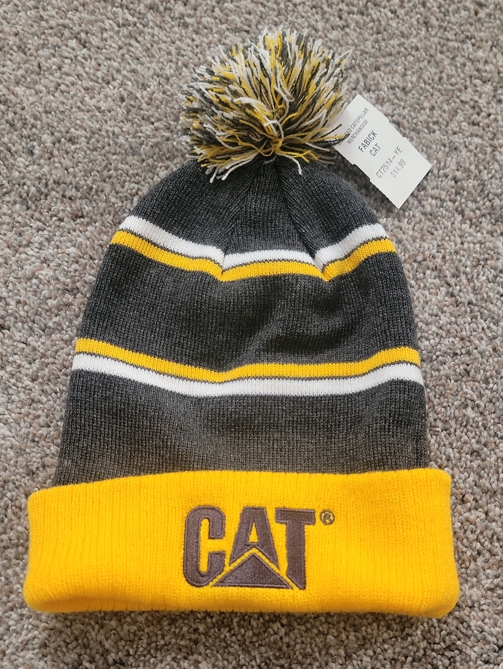 Caterpillar Kids Pom Beanie Hat - Yellow, Charcoal & White